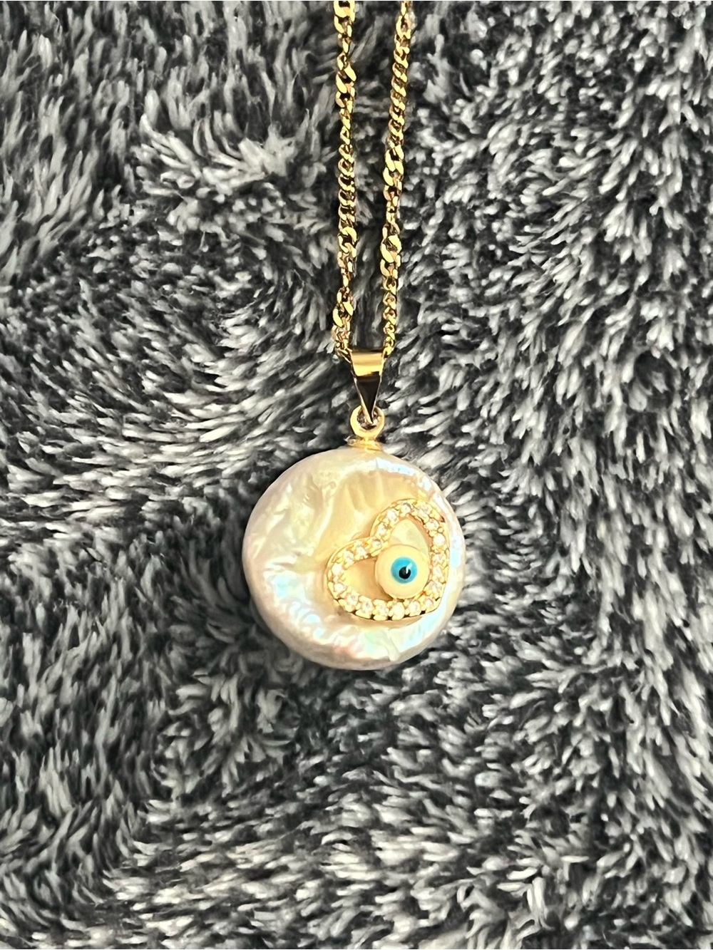 Gold Chain Pearl Pendant Necklace with Heart Evil Eye Accent - White